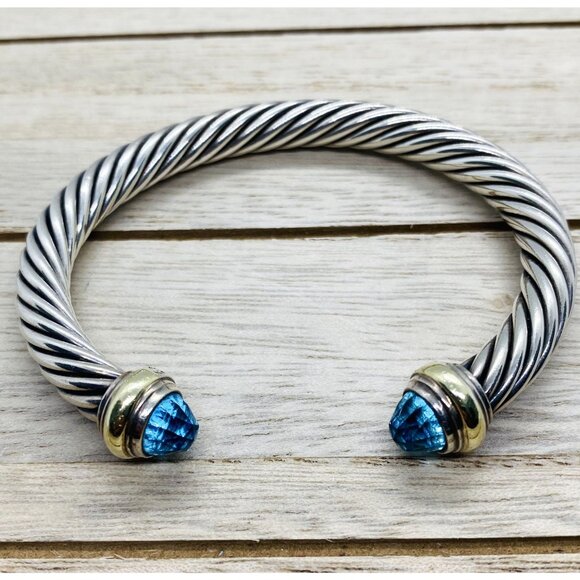 David Yurman Sterling Silver 925 & 14k Gold 7mm Cable Topaz Cuff Bracelet - Picture 2 of 8